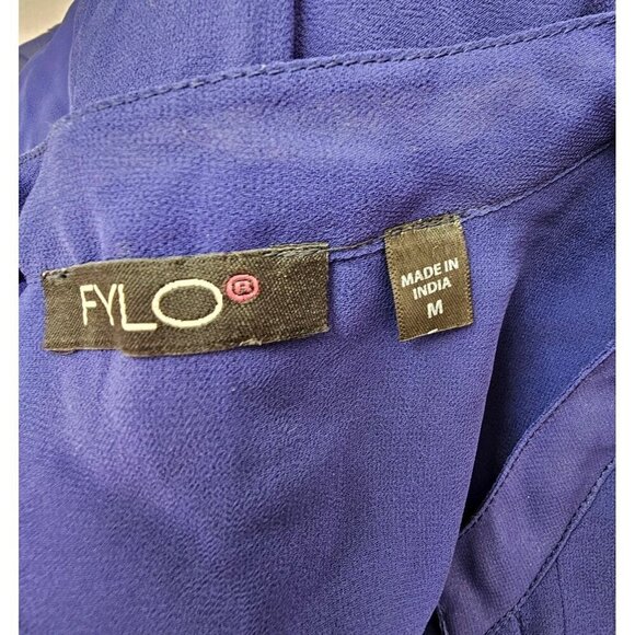 FYLO Sheer Pleated Shirt Blouse Womens M Royal Blue V Neck Covered Buttons - Picture 5 of 11